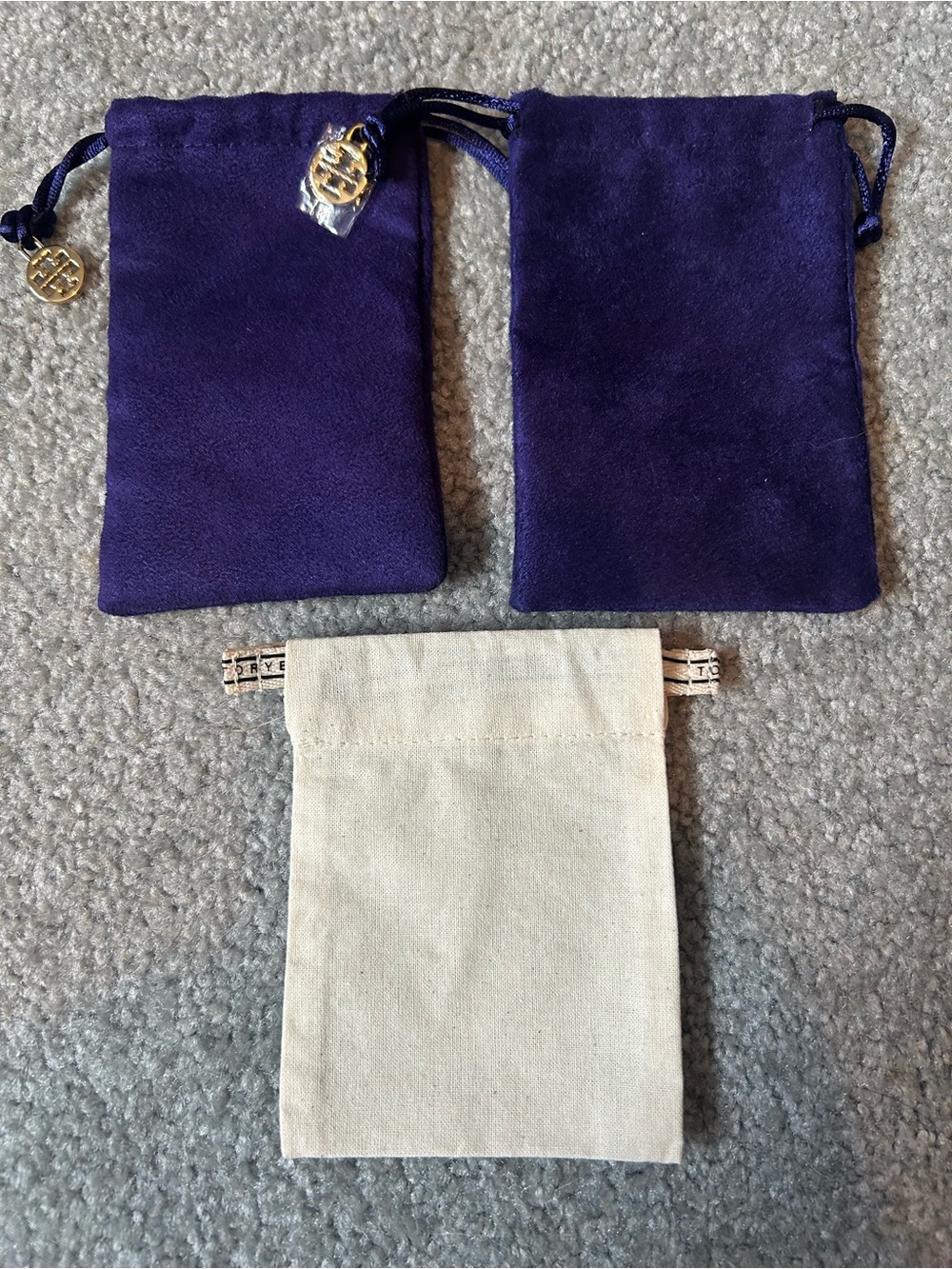 Tory Burch Purple Velvet with charms and Natural Cotton Drawstring Pouch Set